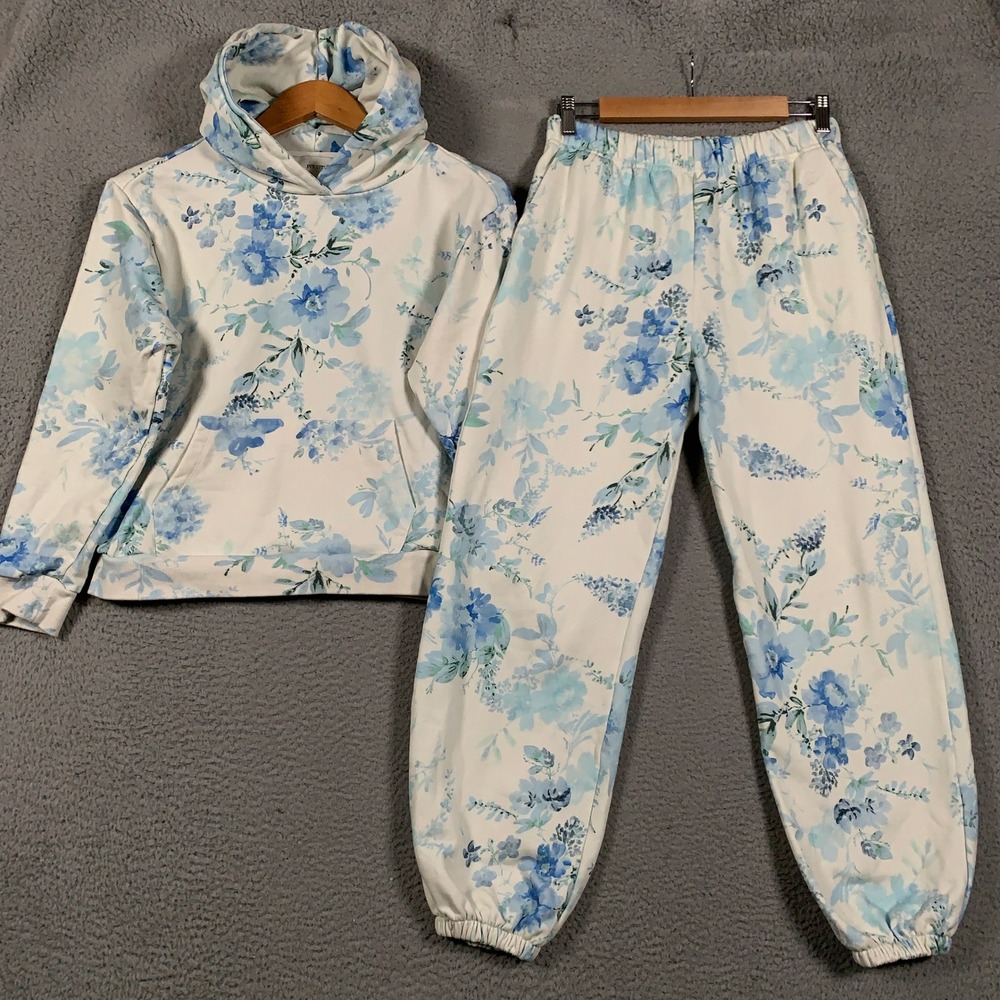 Ivy City Hoodie Jogger Set Women XS White Tracksuit Blue Floral Sweatshirt Pant